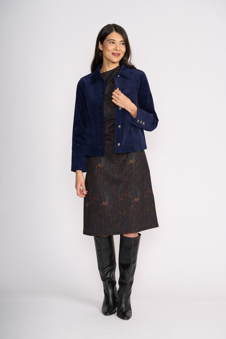 Woman wearing Pre Re-Cord Jacket in Midnight by Foil styled