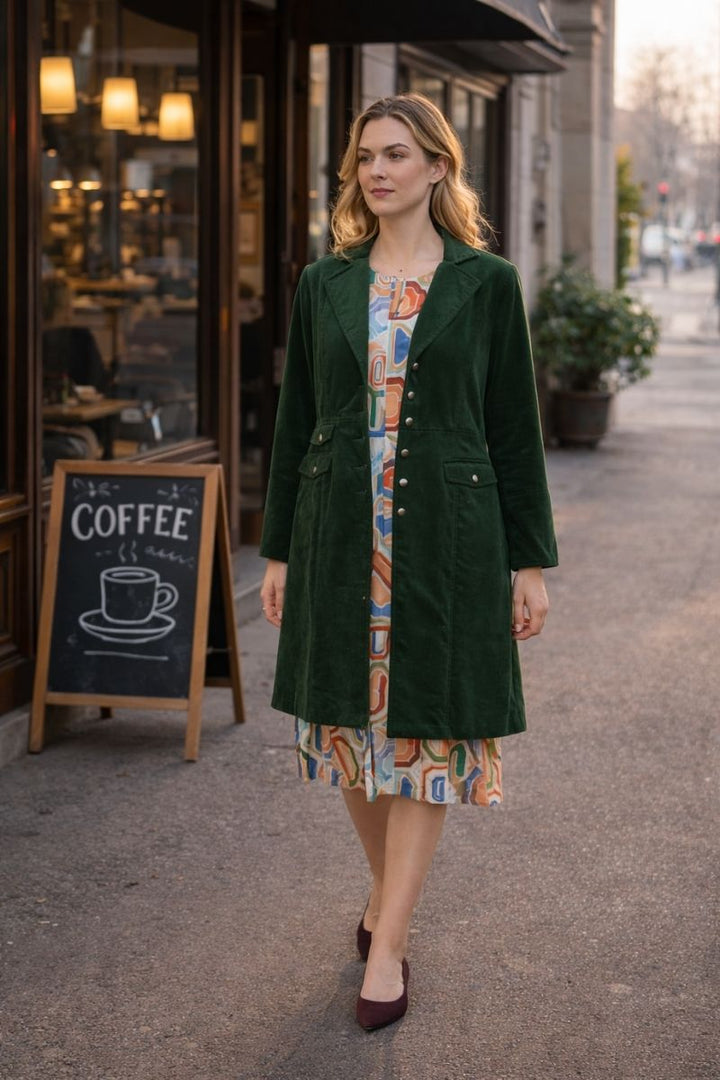 Woman wearing the cordially invited cord coat in amazon a deep bottle green with a geometric colourful dress walking beside a coffee shop.