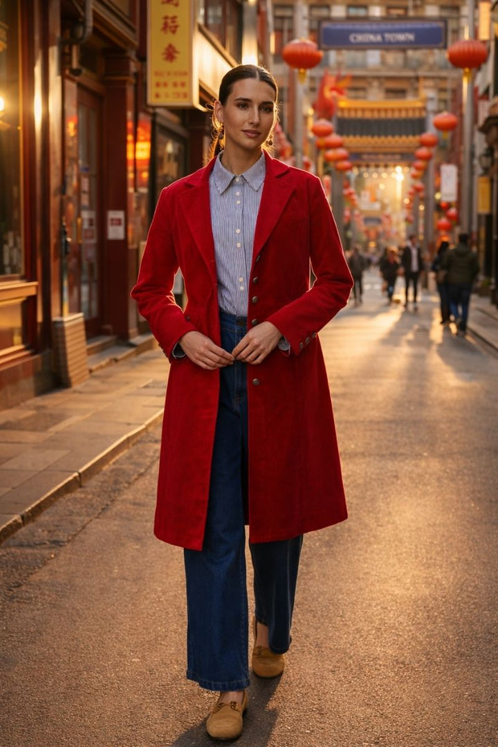 Women Wearing the cordially invited cat in rose a striped shirt and blue jeans walking in a melbourne china town street,