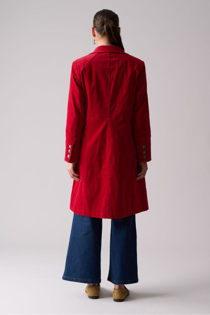 Woman wearing Cordially Invited Coat in Rose by Foil back