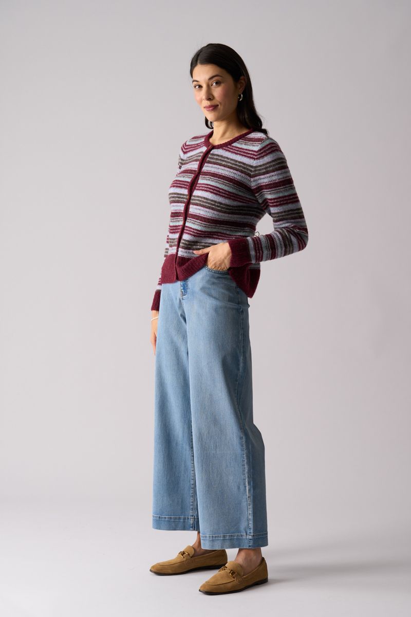 Woman wearing Isle Be Back Cardi in Multi Stripe by Foil side