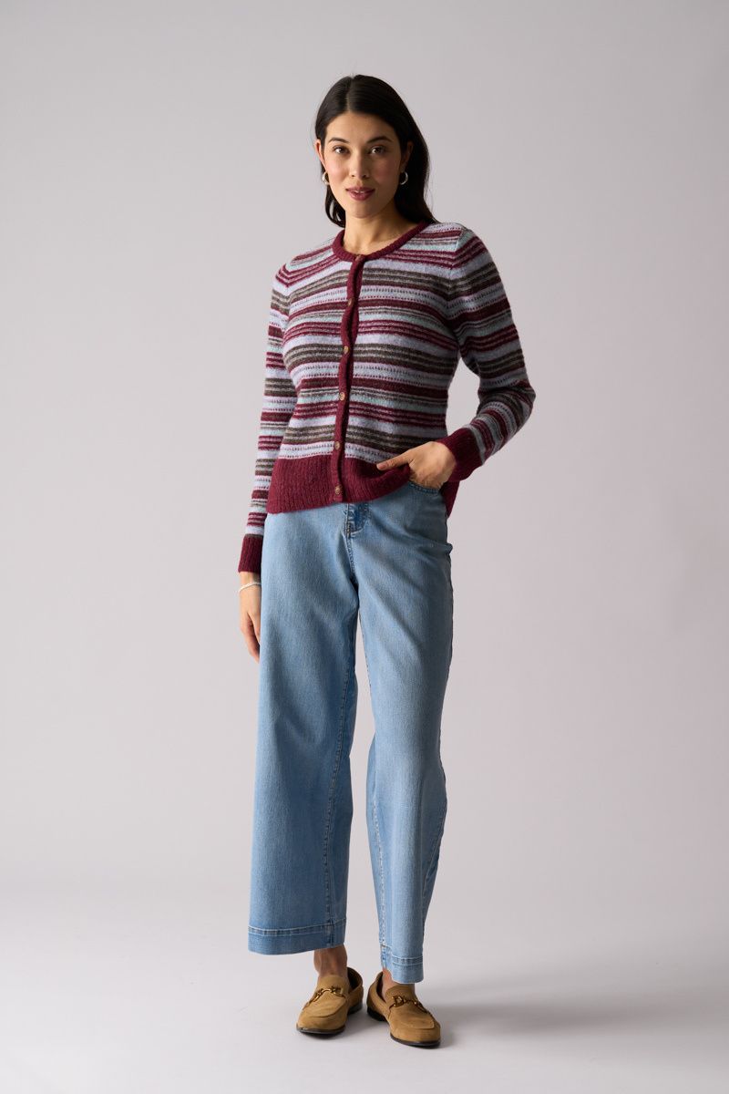 Woman wearing Isle Be Back Cardi in Multi Stripe by Foil styled