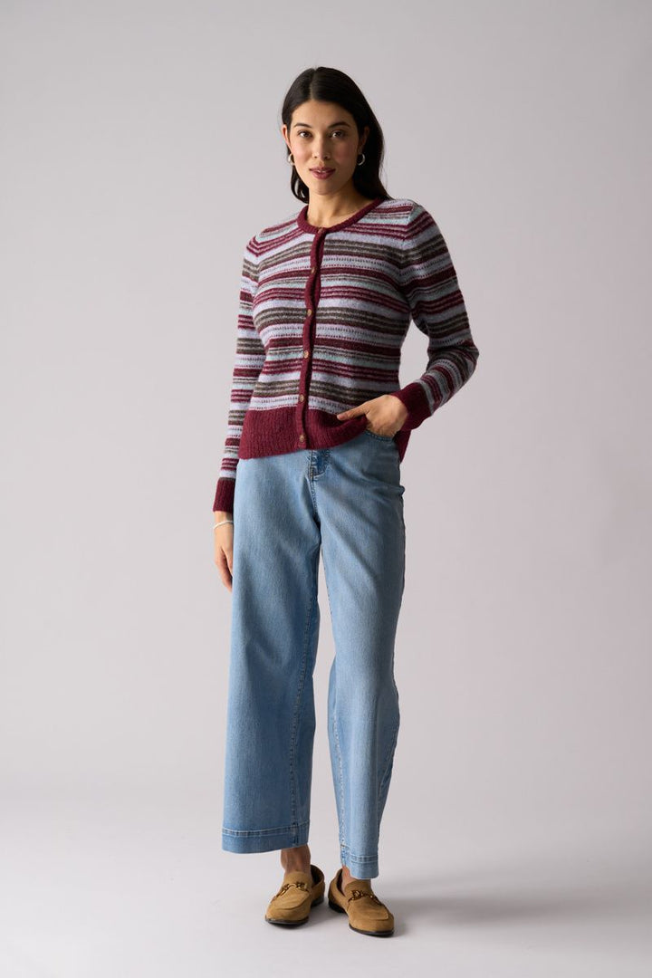 Woman wearing Isle Be Back Cardi in Multi Stripe by Foil styled