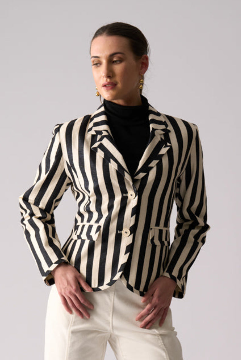 Woman wearing Foil FO8555 Shine Line Blazer in True Navy Stripe front view