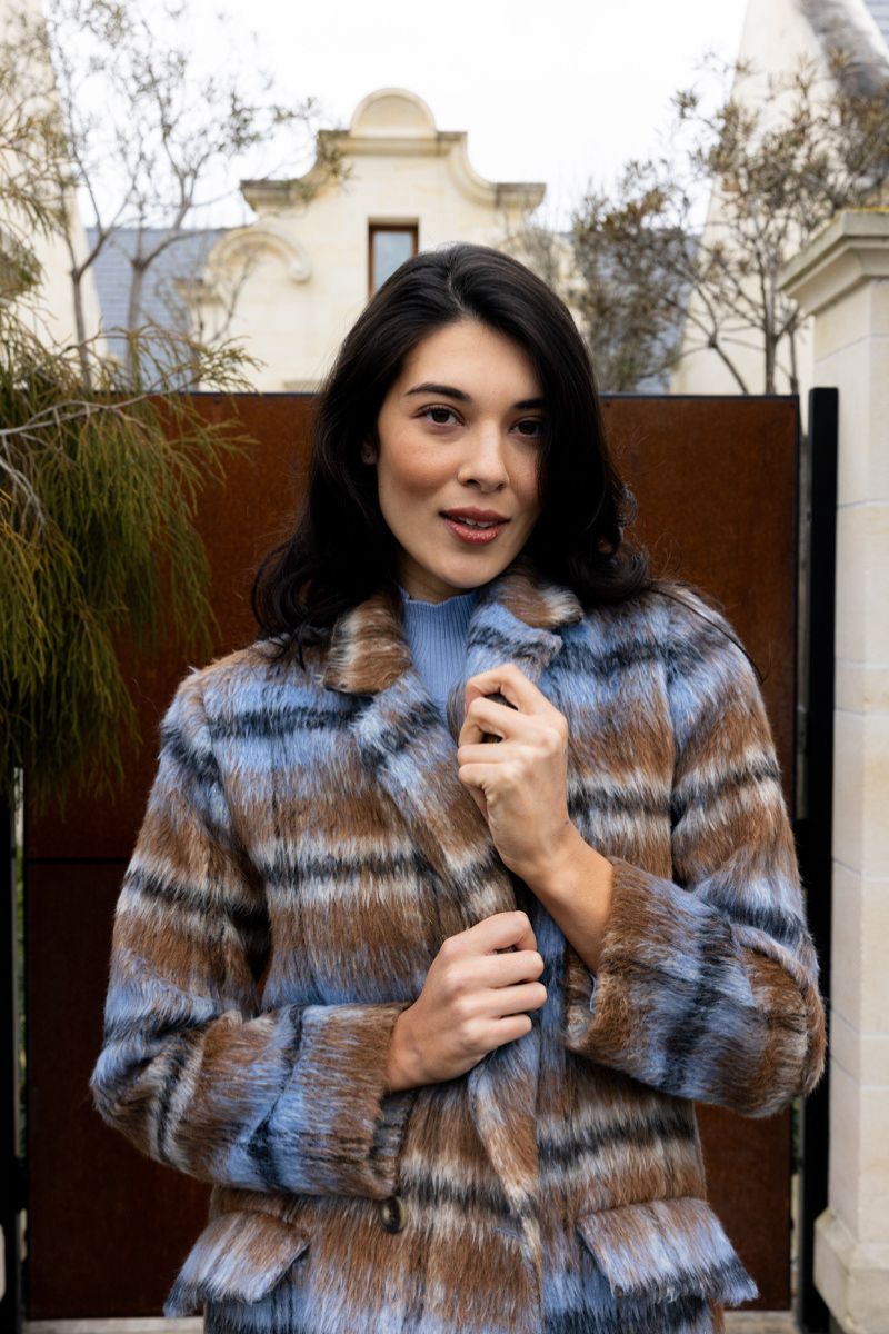 Woman wearing Cover Story Coat in Toffee Check by Foil closeup