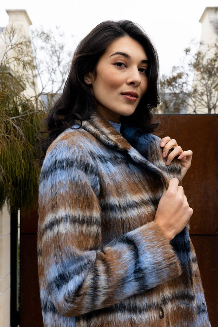 Woman wearing Cover Story Coat in Toffee Check by Foil side