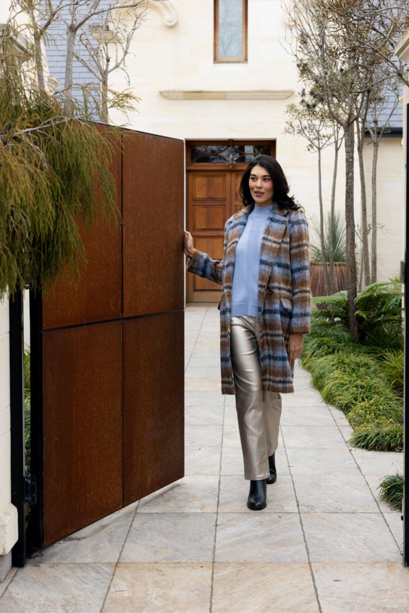 Woman wearing Cover Story Coat in Toffee Check by Foil styled