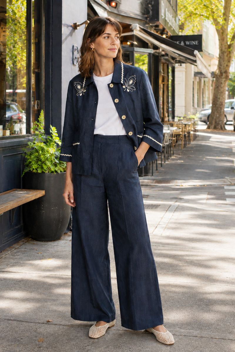 Foil Folk Yeah Jacket in True Navy linen with contrast floral embroidery FO8715
