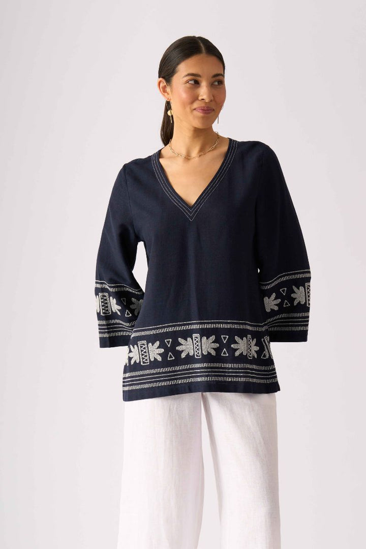 Foil New Threads Top in Navy with contrast embroidered hem and sleeves FO8734