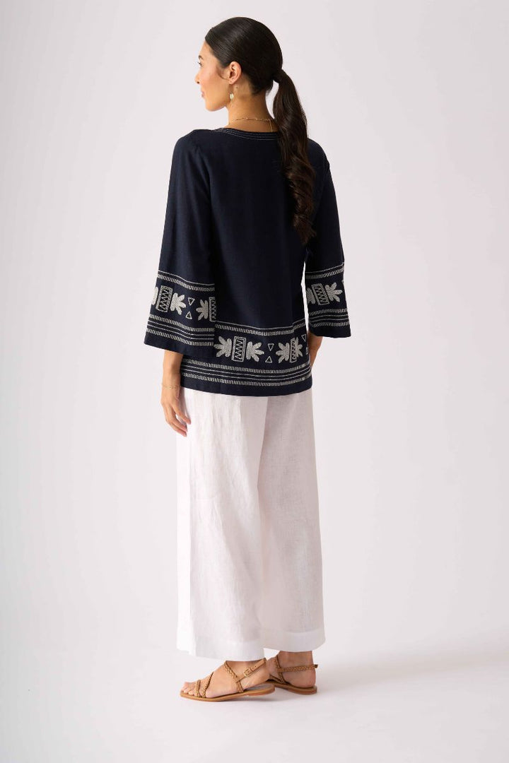 Foil New Threads Top in Navy relaxed silhouette side view FO8734