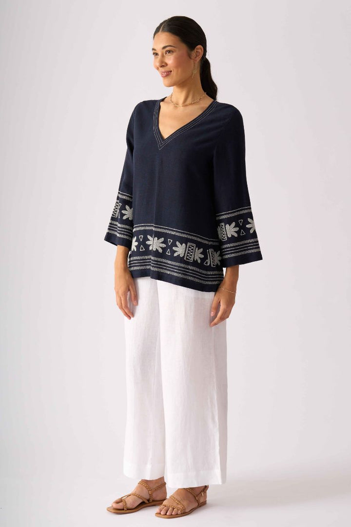 Foil New Threads Top in Navy styled with white wide leg trousers FO8734