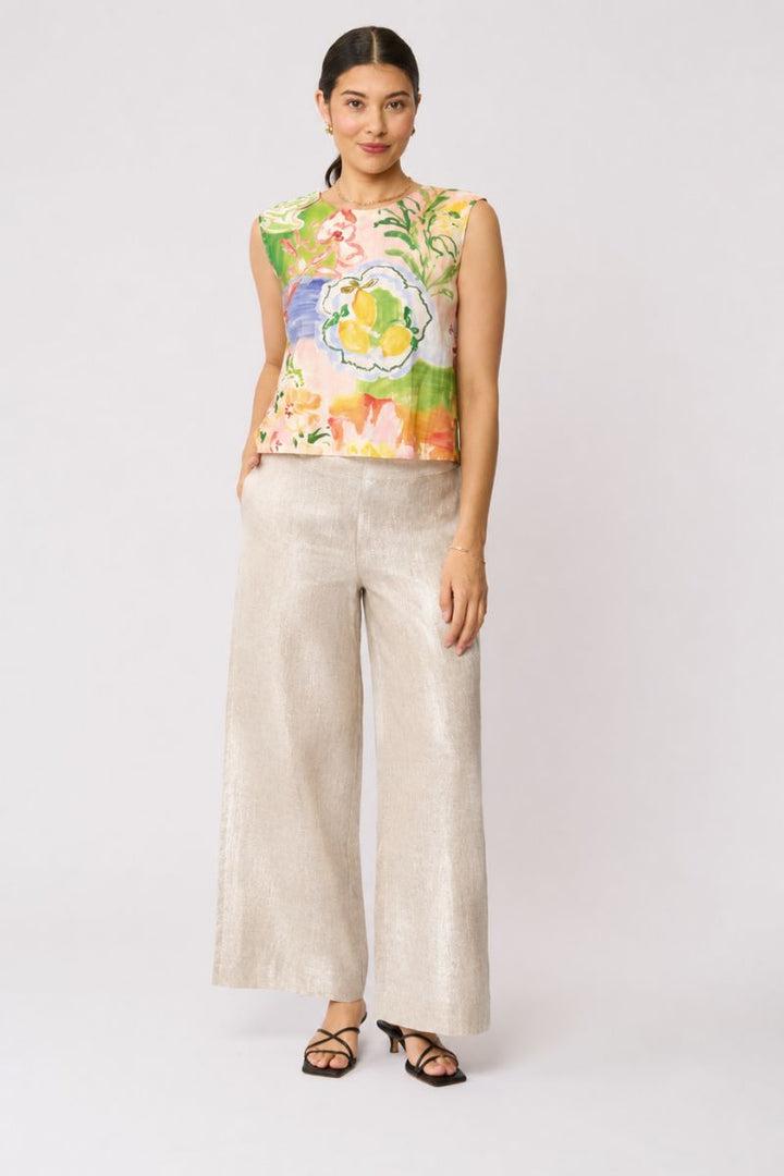 FOIL Together Again Pant FO8801 in Metallic Gold Shimmer front view showing full-length wide-leg silhouette