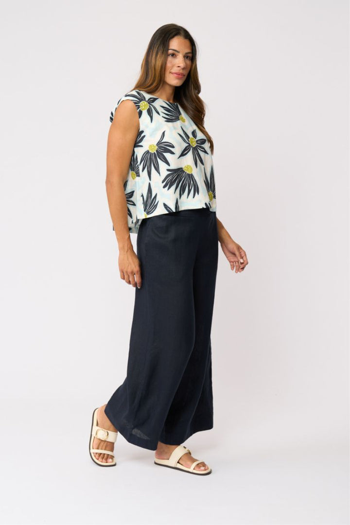 FOIL Together Again Pant FO8801 in True Navy side view showing relaxed wide-leg drape