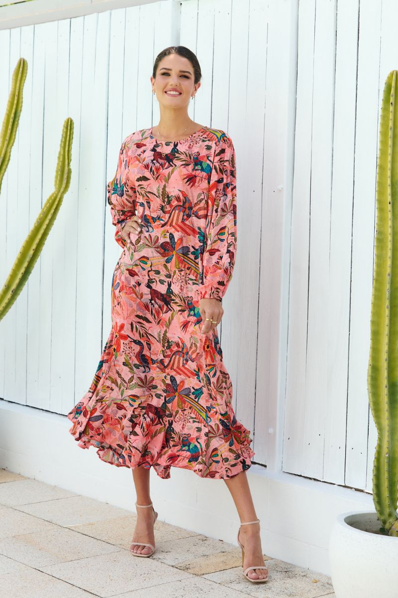 Woman wearing COL25-171 Sunshine Godet Long Dress Multi Colour waist tie detail