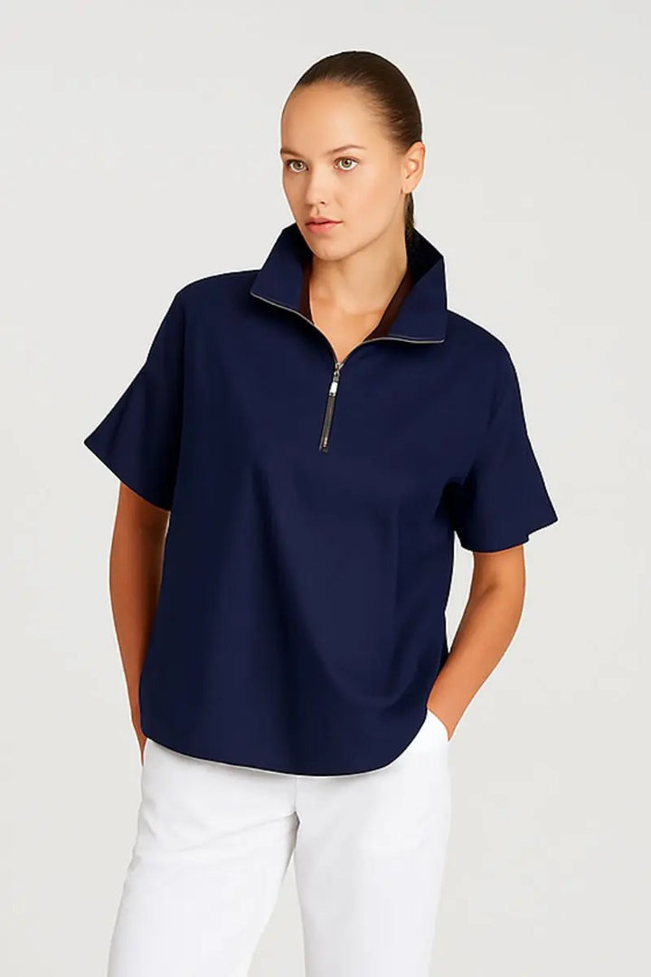 Woman wearing Mela Purdie F65 8572 Half Zip Shirt in French Navy side view