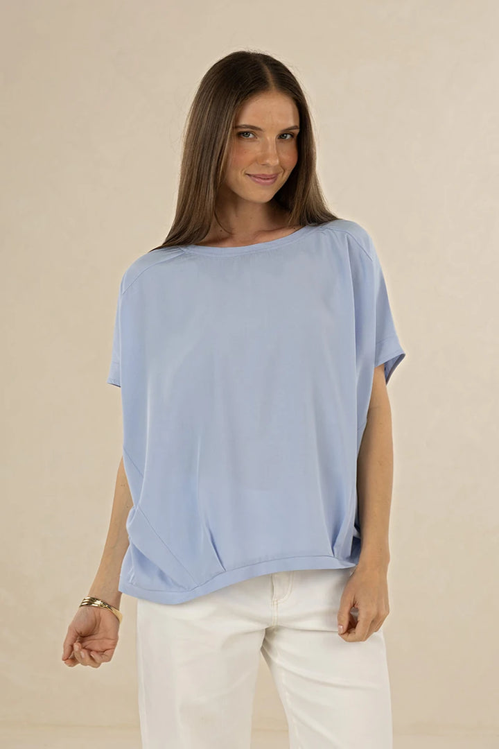 Humidity Lifestyle Lush Top HS2612 in Periwinkle, front view showing oversized batwing fit, boat neckline and shaped hem.