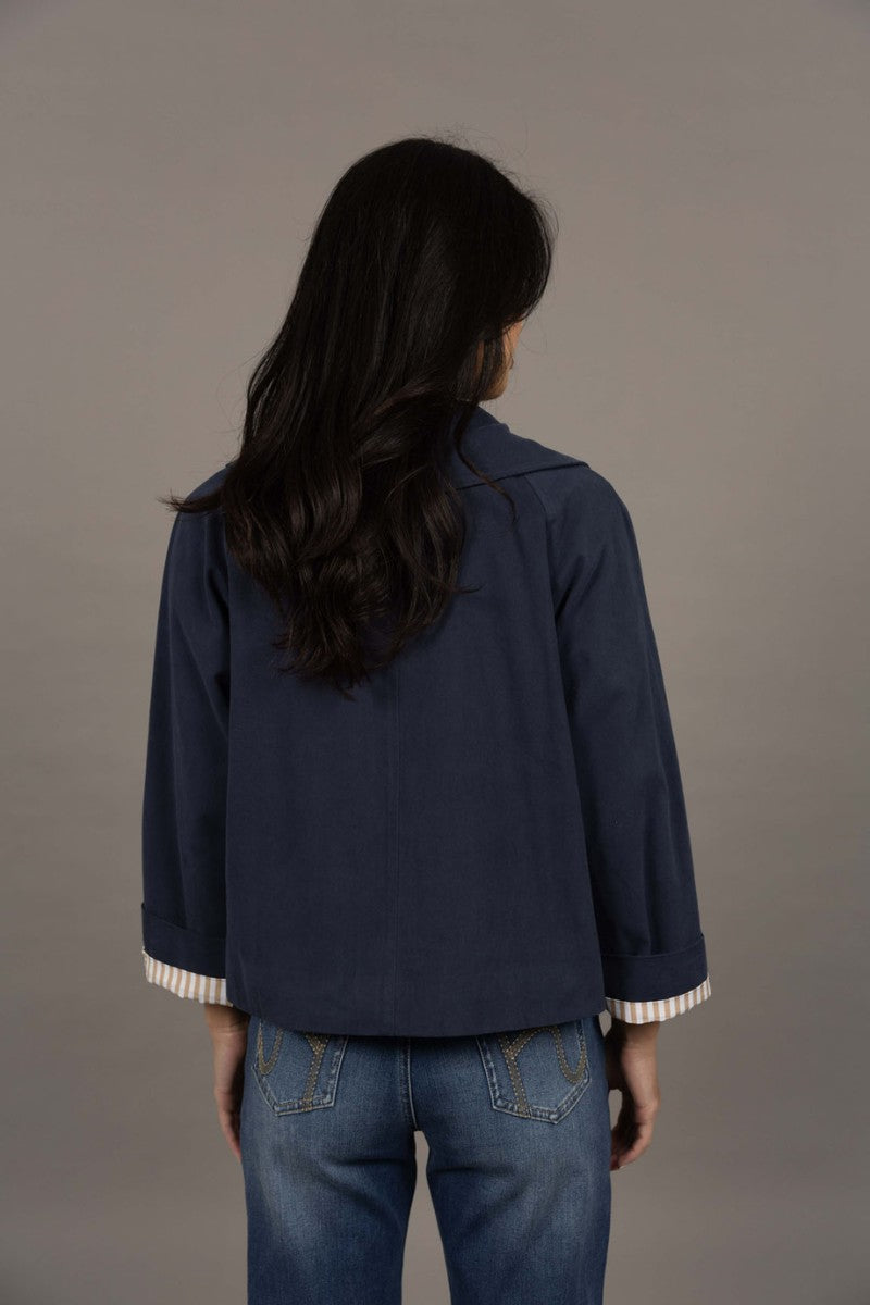 Woman wearing Dash Coat in Navy by Humidity Lifestyle HW26126 back view