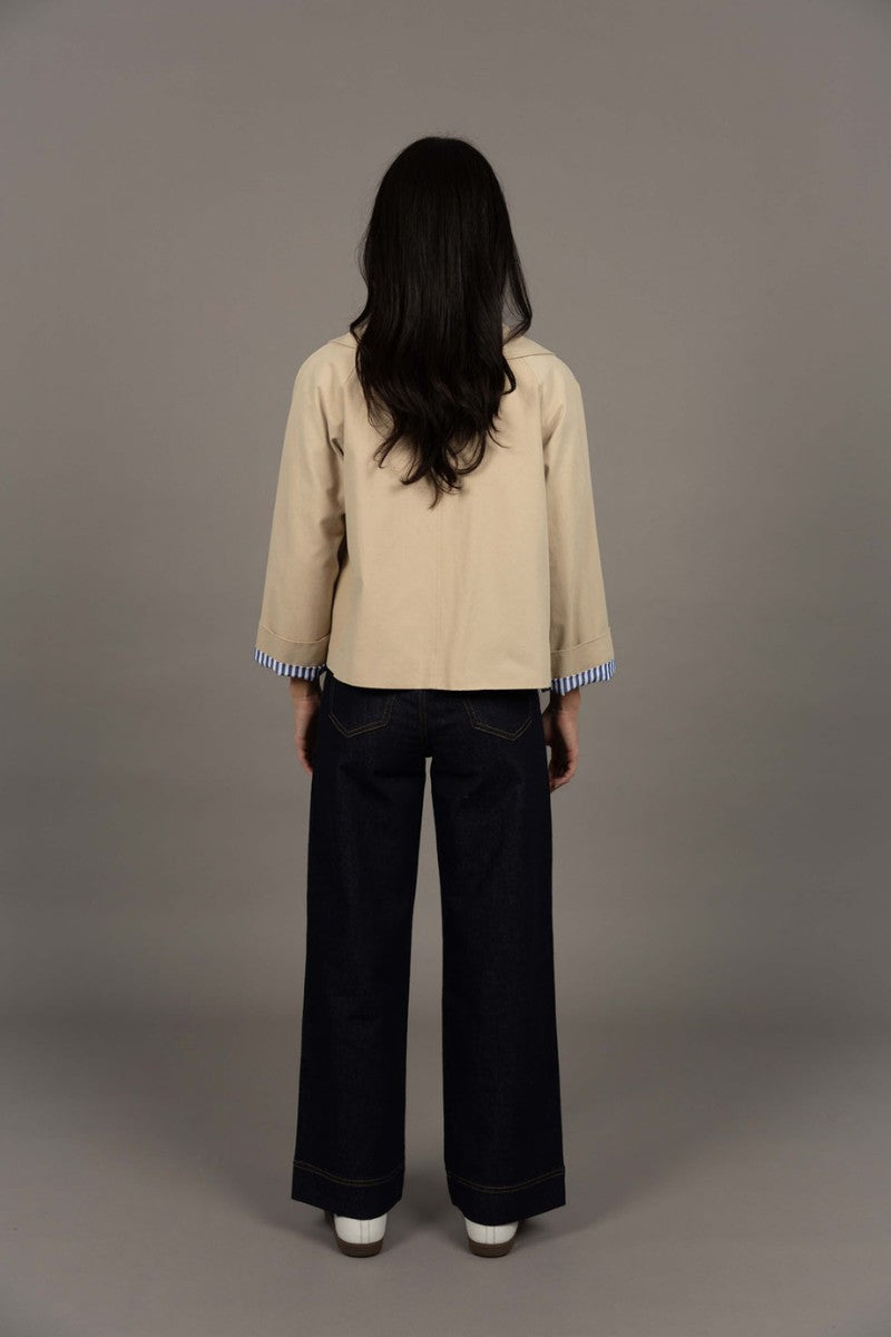 Woman wearing Dash Coat in Stone by Humidity Lifestyle HW26126 back view