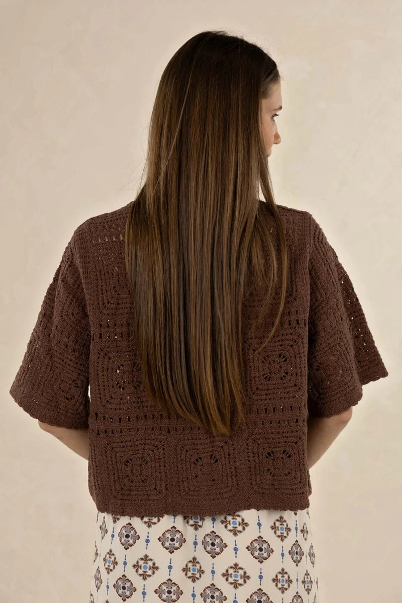 Humidity Lifestyle Dylan Cardigan HS26101 in Mocha, back view showing relaxed boxy fit, short wide sleeves and open crochet-style pattern.