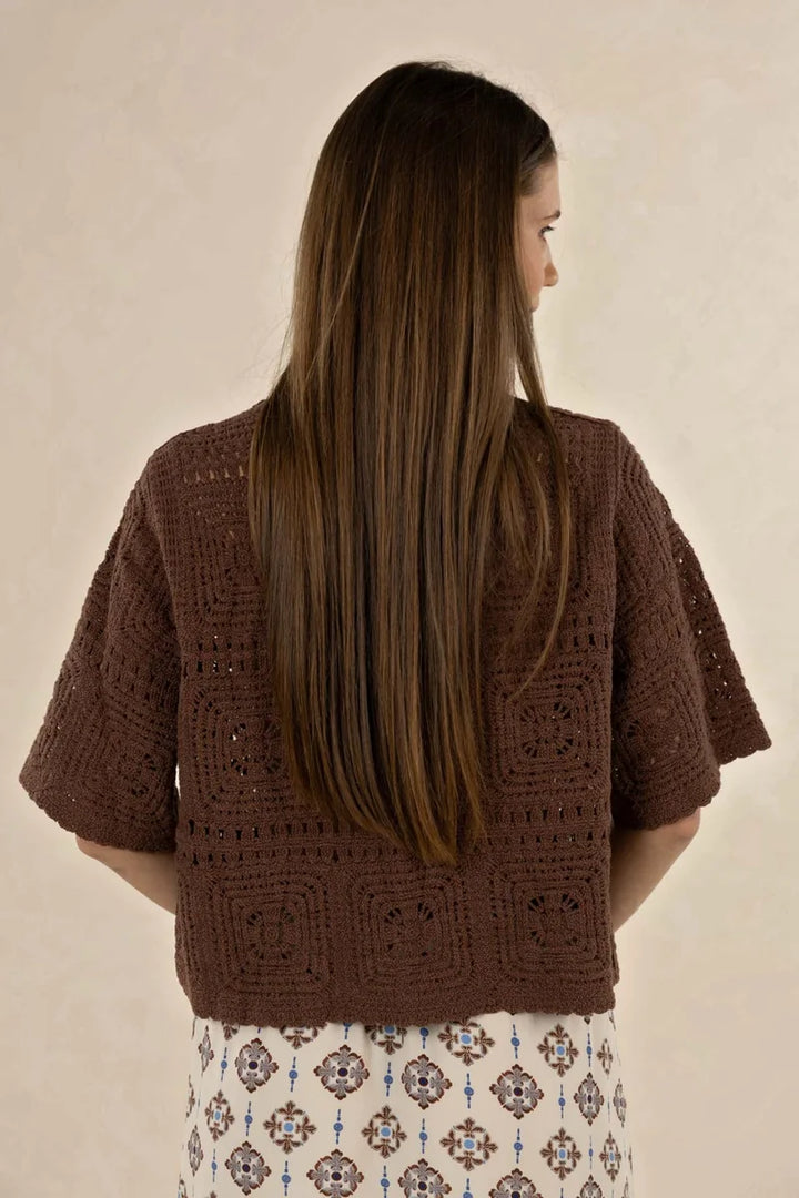 Humidity Lifestyle Dylan Cardigan HS26101 in Mocha, back view showing relaxed boxy fit, short wide sleeves and open crochet-style pattern.