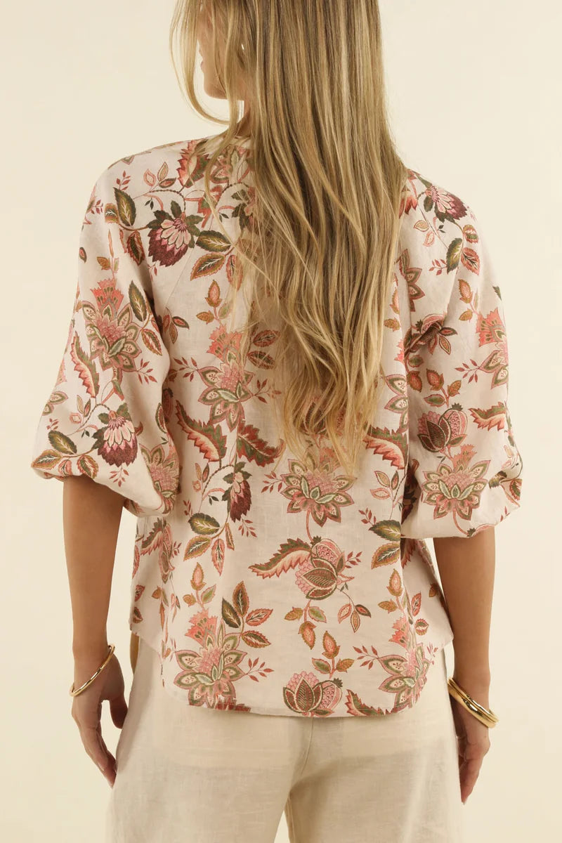 Alt: Humidity Lifestyle Bohemian Rose Linen Blouse HS26204 back view showing relaxed fit, dropped shoulders and botanical print.