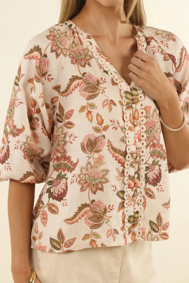 Humidity Lifestyle Bohemian Rose Linen Blouse HS26204 detail showing floral linen fabric, V-neckline, covered buttons and cutwork trim.