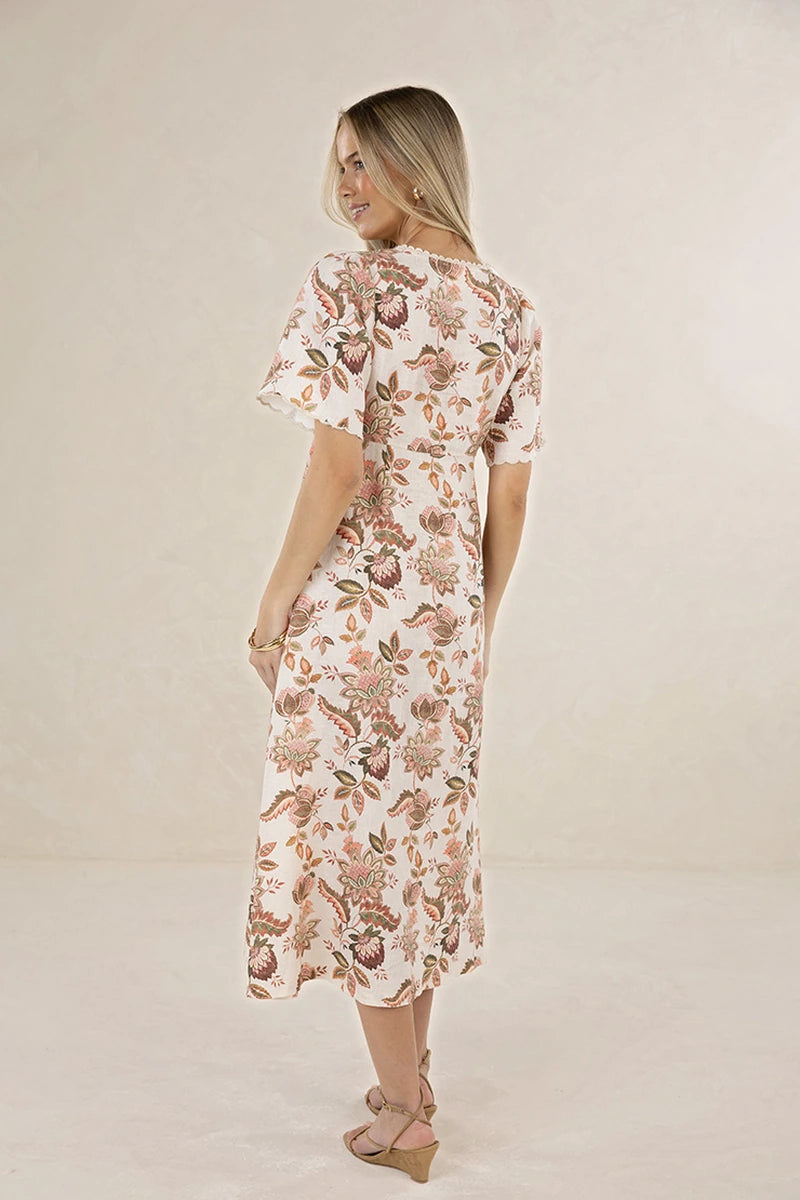 Humidity Lifestyle Bohemian Rose Midi Dress HS26205, back view showing the floral linen print, short sleeves and midi-length silhouette