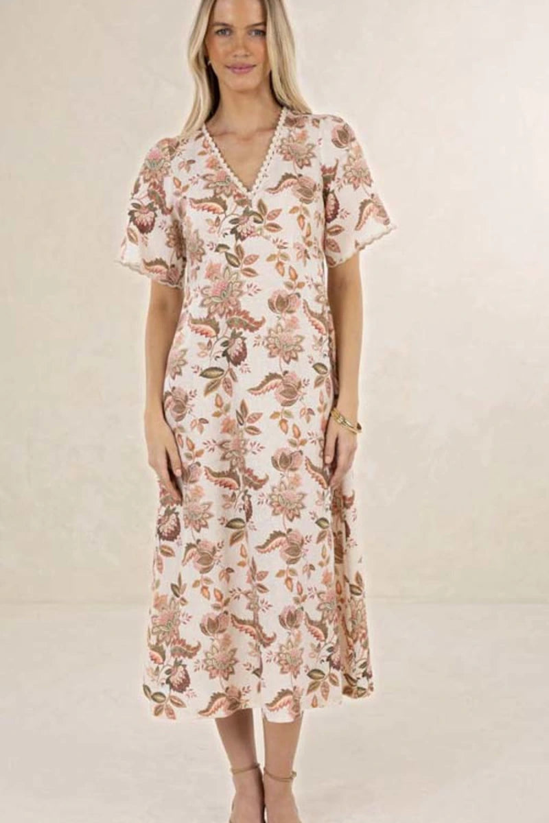 Humidity Lifestyle Bohemian Rose Midi Dress HS26205 in printed linen, full-length front view showing V-neckline, short sleeves and midi skirt.