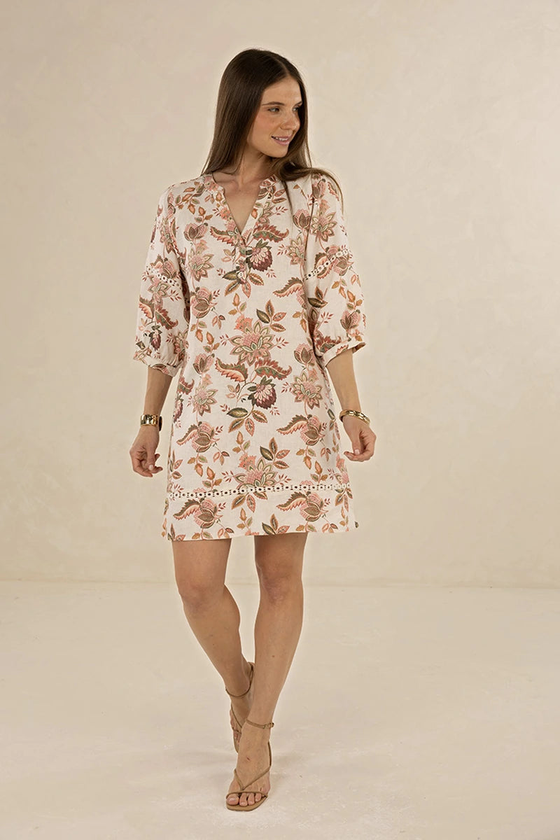 Humidity Lifestyle Bohemian Rose Shift Dress HS26206 in 100% linen, front view showing floral print, V-neckline, three-quarter sleeves and relaxed shift shape.