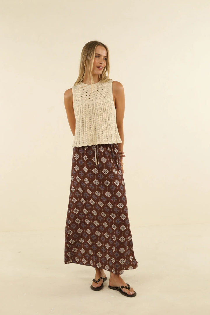 Humidity Lifestyle Vintage Tales Skirt HS26209 in Choc/Cream, front detail showing chocolate print, cream drawcord and long flowing shape.