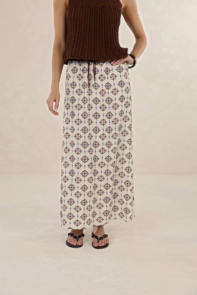 Humidity Lifestyle Vintage Tales Skirt HS26209 in Cream/Choc, front view showing long printed silhouette and drawcord waist.