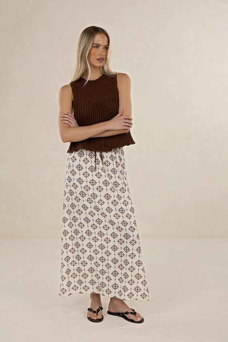 Humidity Lifestyle Vintage Tales Skirt HS26209 in Cream/Choc styled with a chocolate sleeveless knit top, full-length front view.