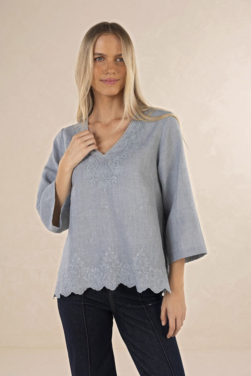 Woman wearing Serre Top in Misty Grey by Humidity Lifestyle HW26503 front view