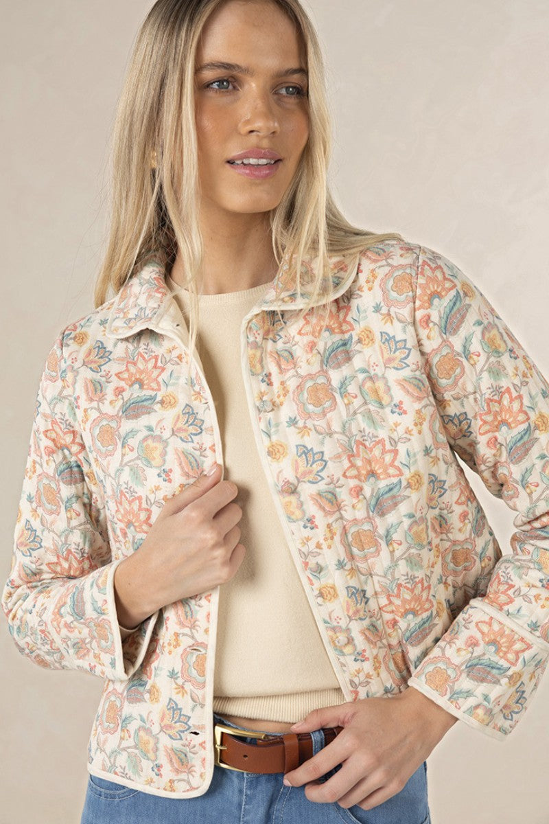 Woman wearing Bonnie Jacket in Blue Print by Humidity Lifestyle HW26700 front view