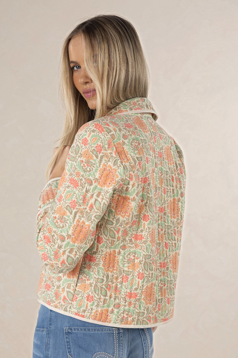 Woman wearing Bonnie Jacket in Citrus Print by Humidity Lifestyle HW26700 back view