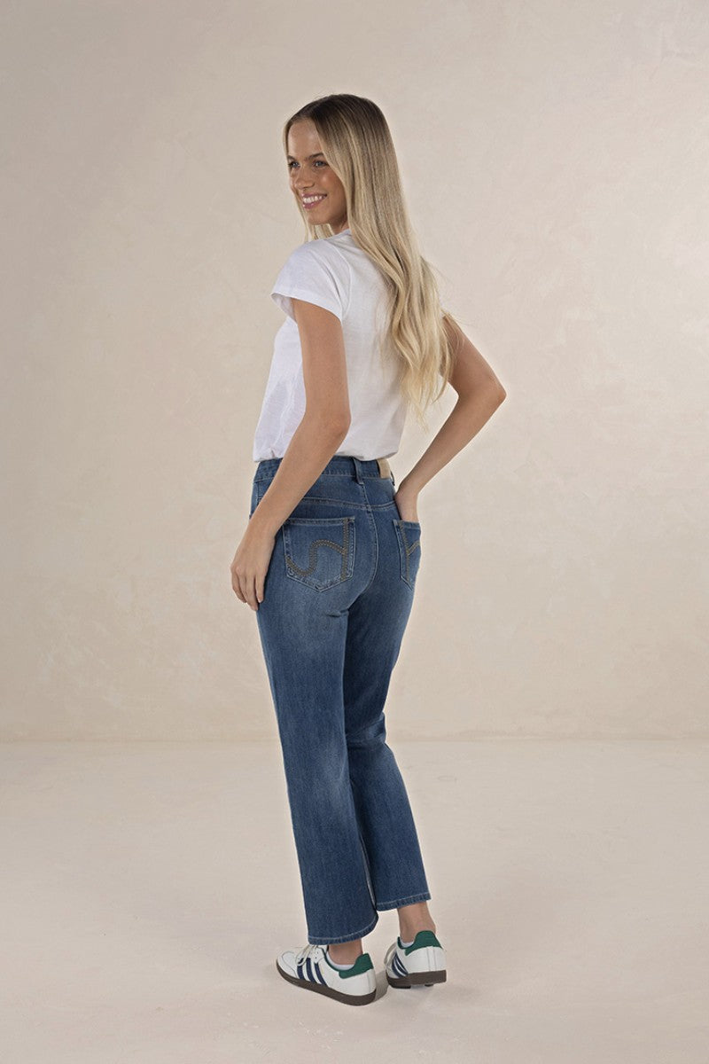Woman wearing Idol Jean in Mid Blue by Humidity Lifestyle HW26403 back view