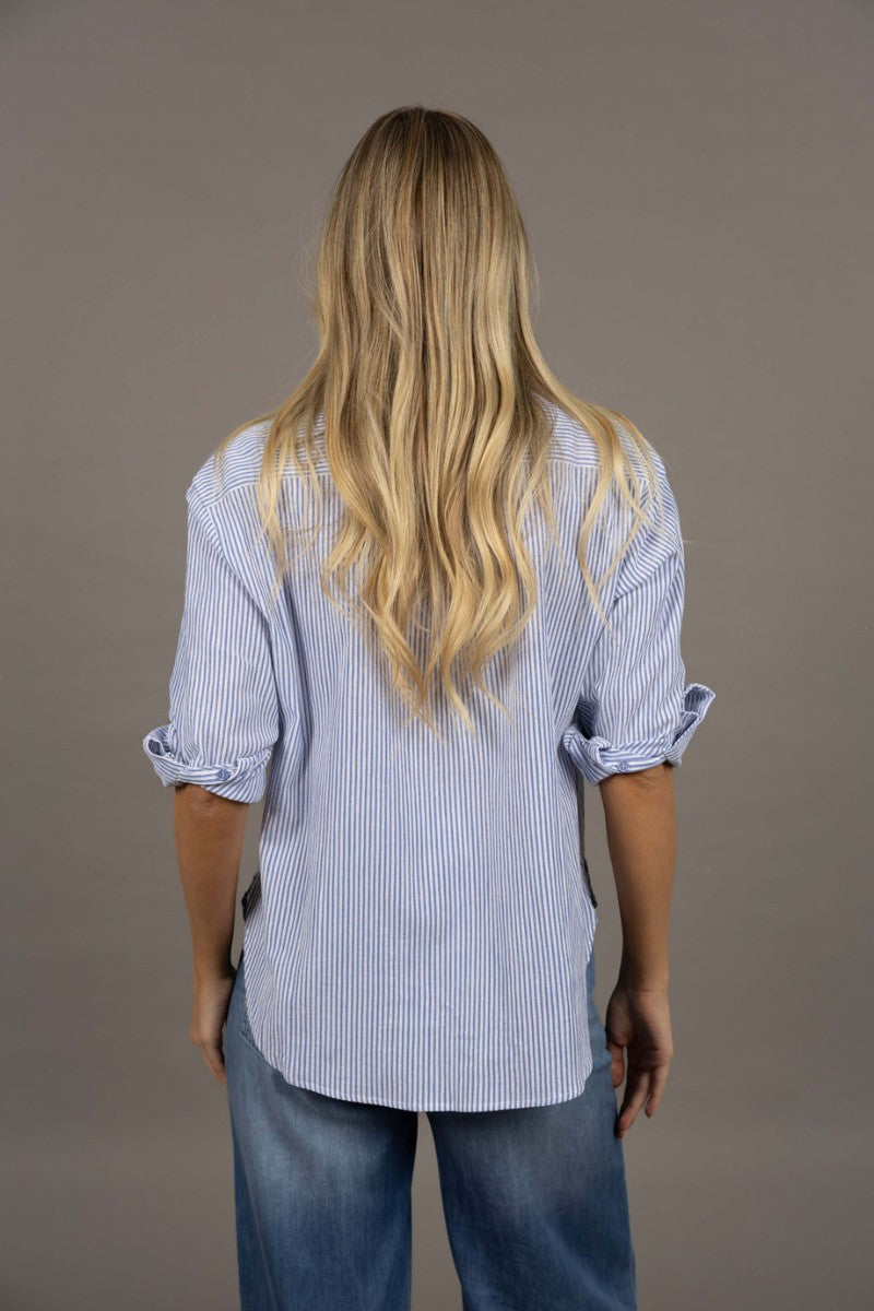 Woman wearing Nala Stripe Shirt in Sky Blue Stripe by Humidity Lifestyle HW26600 back view