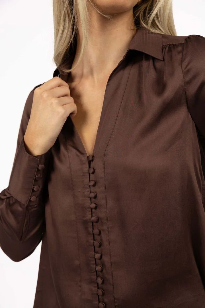 Woman wearing Poppy Shirt in Cocoa by Humidity Lifestyle HW26151 button detail blouse