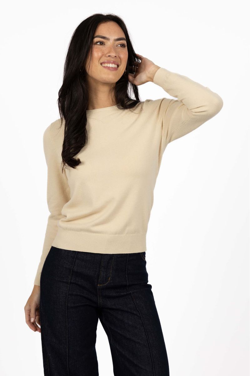 Woman wearing Mae Jumper in Buttermilk by Humidity front