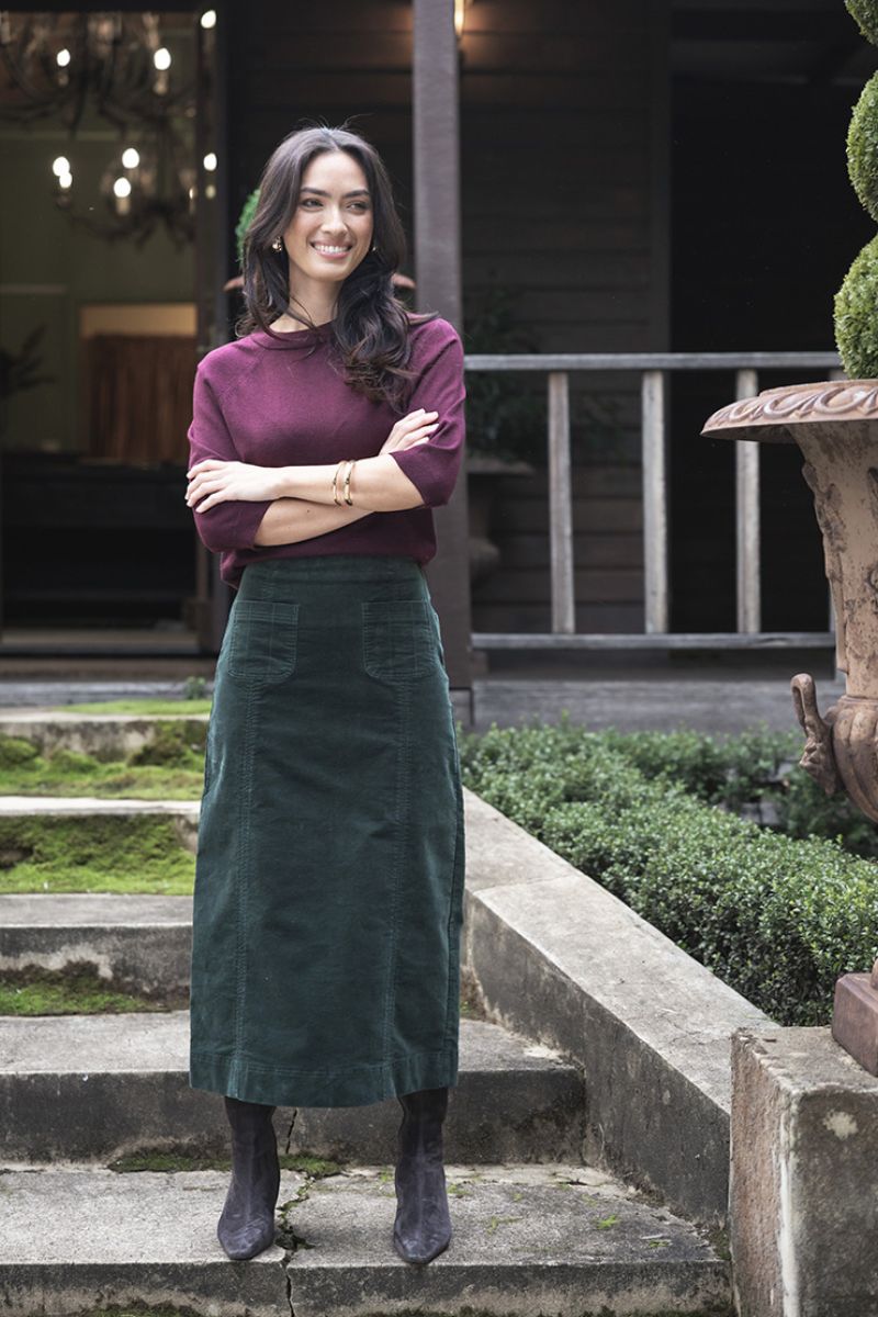 Woman wearing Grace Top in Merlot by Humidity detail