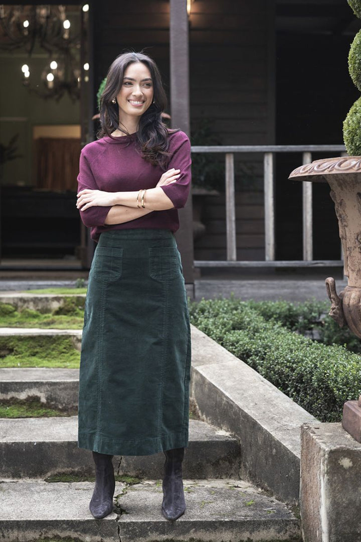 Woman wearing Grace Top in Merlot by Humidity detail