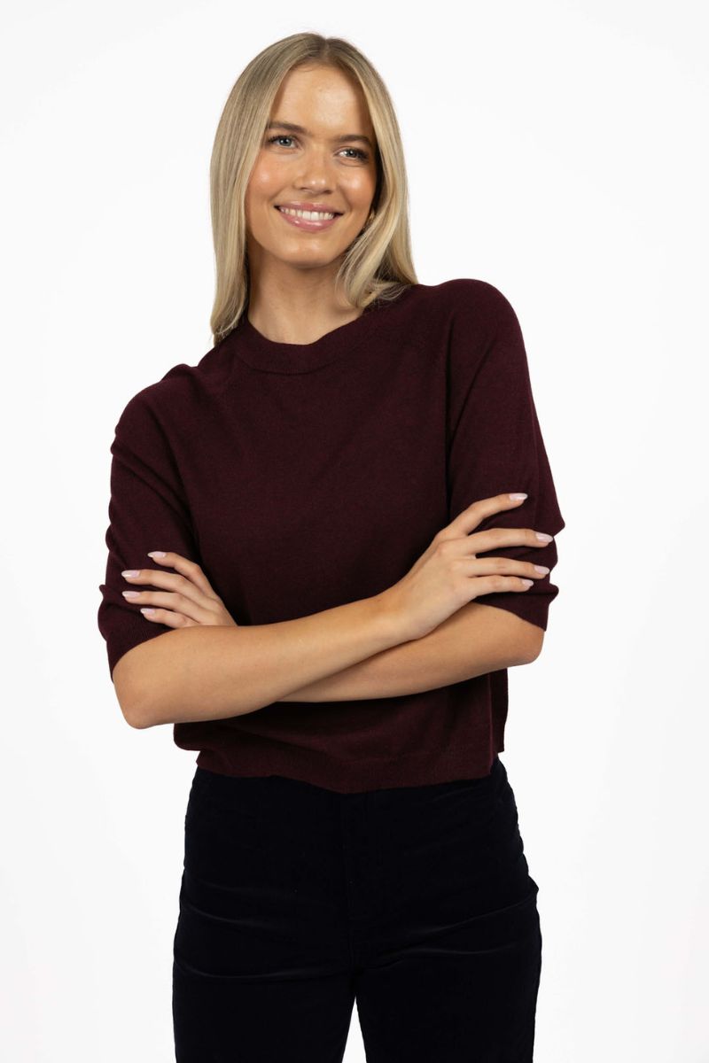 Woman wearing Grace Top in Merlot by Humidity front
