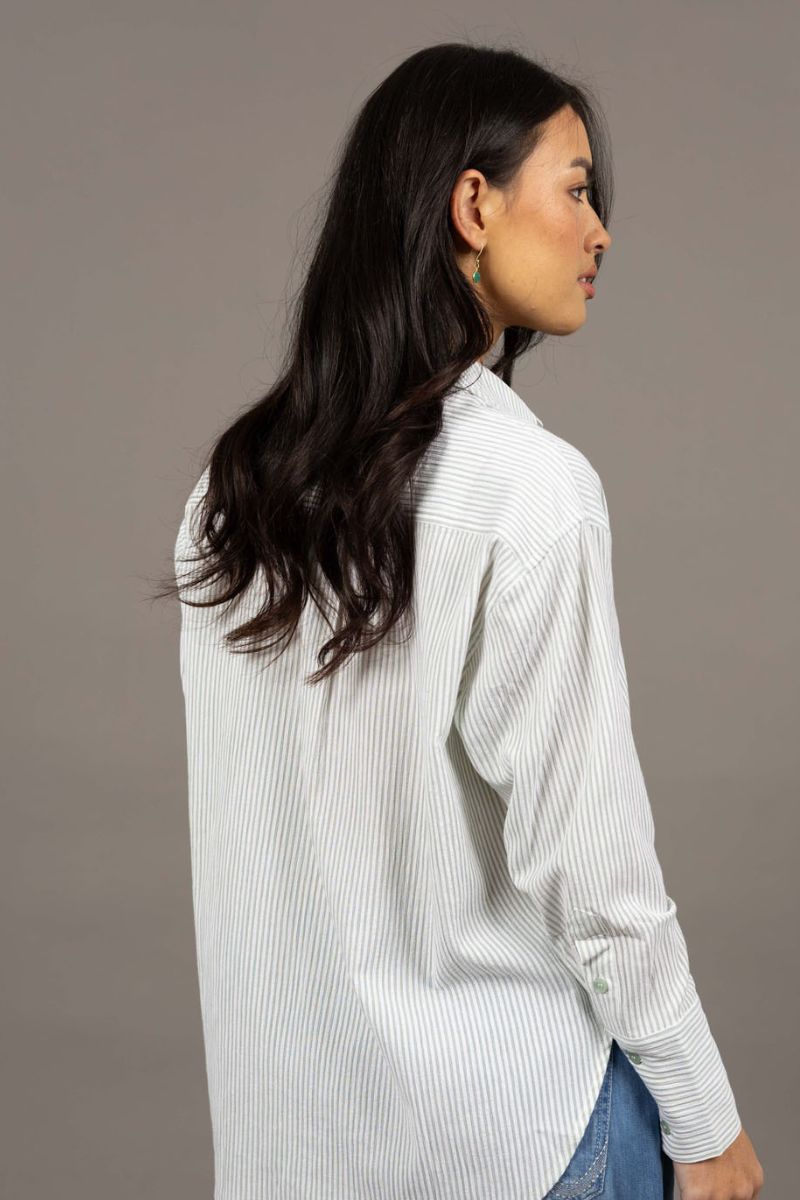 Woman wearing Nala Stripe Shirt in Green Stripe by Humidity side