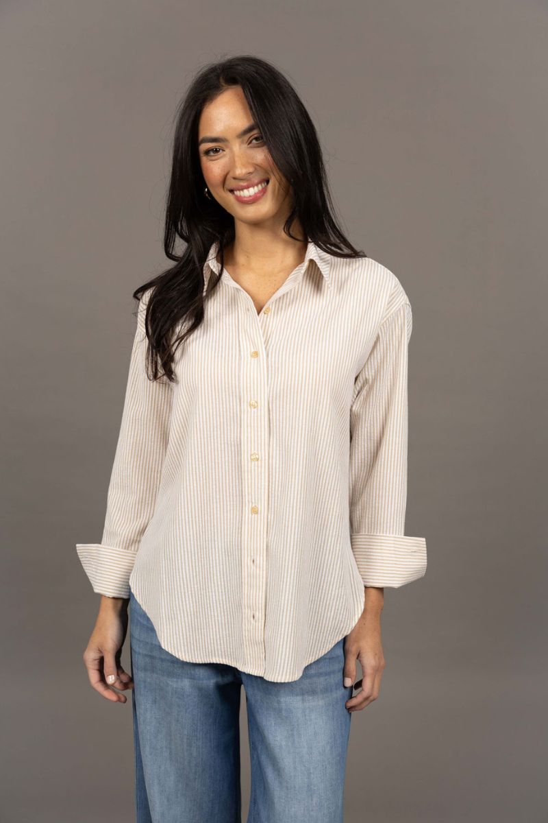 Woman wearing Nala Stripe Shirt in Sand Stripe by Humidity front