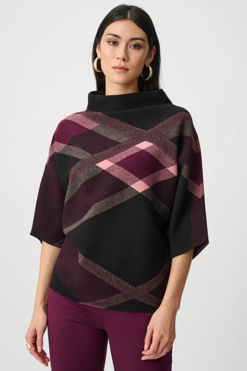 Brushed Plaid Funnel-Neck Sweater in Black/Multi by Joseph Ribkoff