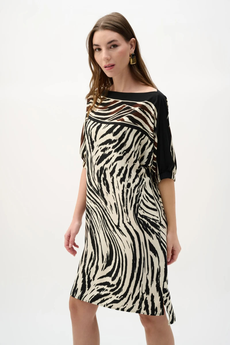 Woman wearing Recycled Woven Animal Print Straight Dress in Animal Print by Joseph Ribkoff 262229 side view