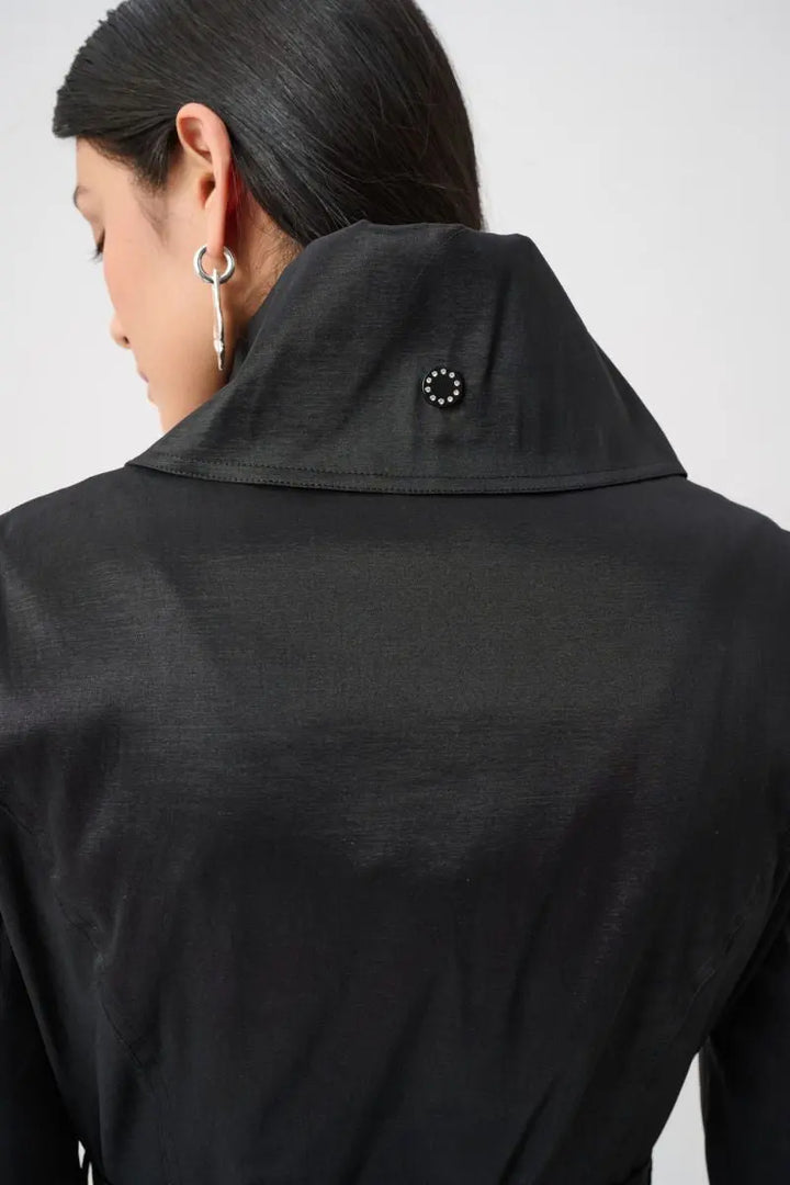 Woman wearing Joseph Ribkoff black stretch taffeta coat back collar detail