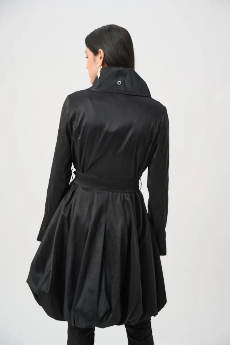 Woman wearing Joseph Ribkoff black stretch taffeta balloon coat back full view