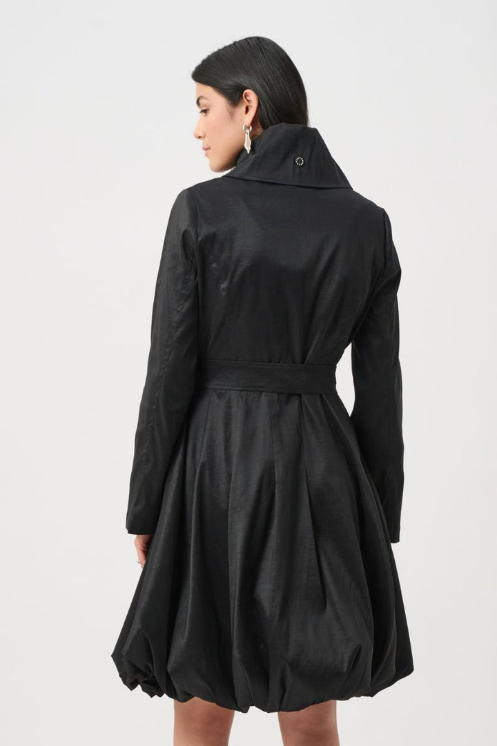 Woman wearing Joseph Ribkoff black stretch taffeta balloon coat back view