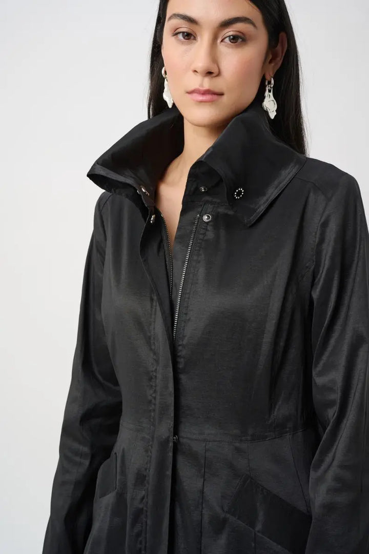 Woman wearing Joseph Ribkoff black stretch taffeta coat collar detail